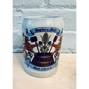Vintage W Germany Beer Stein 1L Stoneware Mug‎ Hopfen u Malz Gott Erhalts Grey